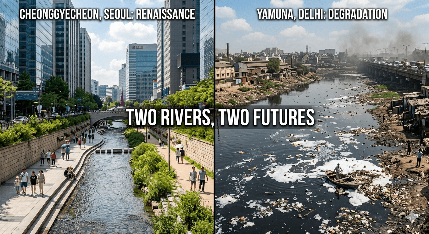 Cheonggyecheon and the Yamuna Two Rivers Two Futures, Generated by Gemini