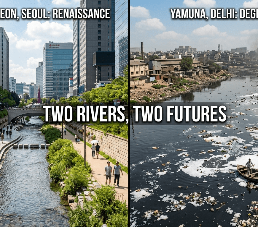 Cheonggyecheon and the Yamuna Two Rivers Two Futures, Generated by Gemini
