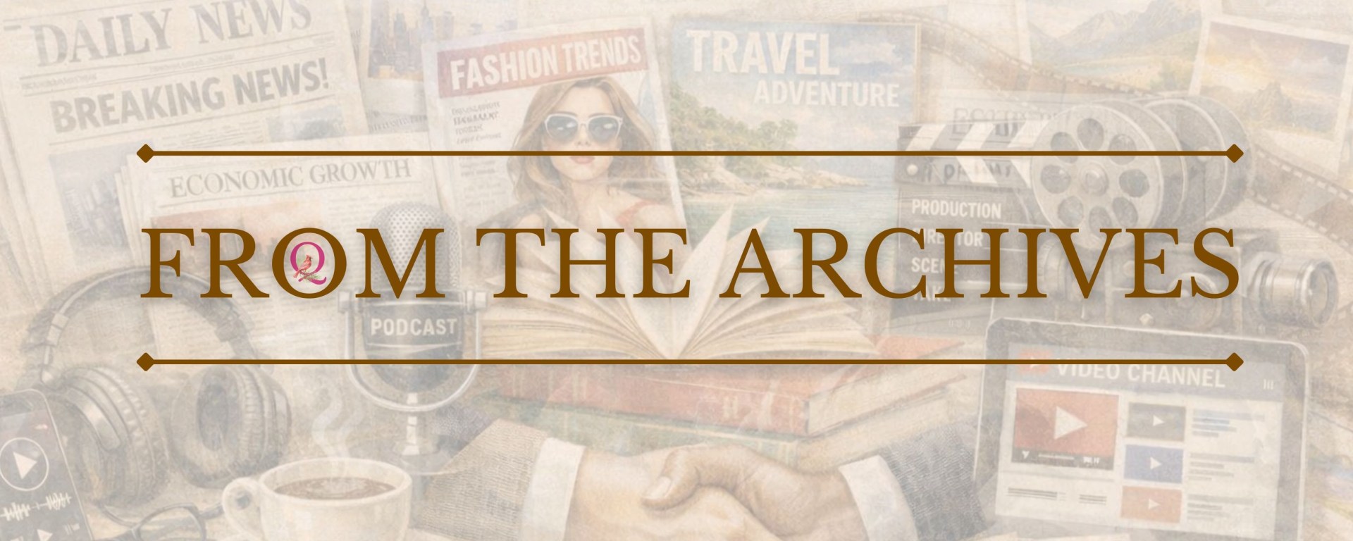 Archives banner for Queen of Treasures featuring a vintage collage of newspapers, travel, and meaningful experiences stories by Ambica Gulati