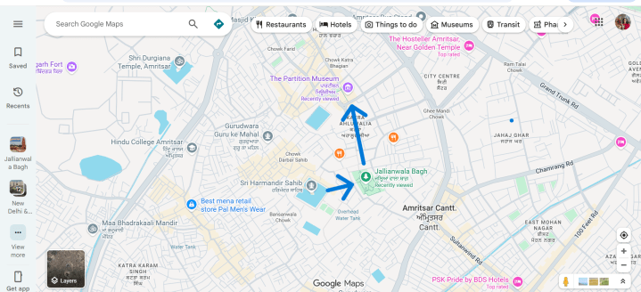 Map of the walking route between Golden Temple, Jallianwala Bagh, and Partition Museum in Amritsar.