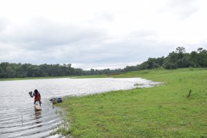 Villager washes clothes, The only water body in Kohka village, Pench National Park, Madhya Pradesh, India