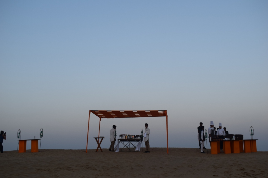 Enjoying sundowners at Desert National Park, Suryagarh, Jaisalmer, Rajasthan, India