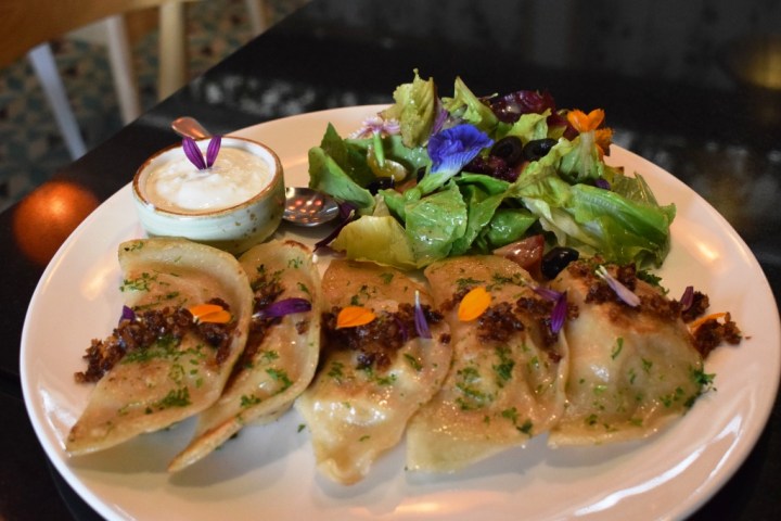 Pierogi or fried dumplings at Alma Bakery & Cafe, Noida, Uttar Pradesh, India