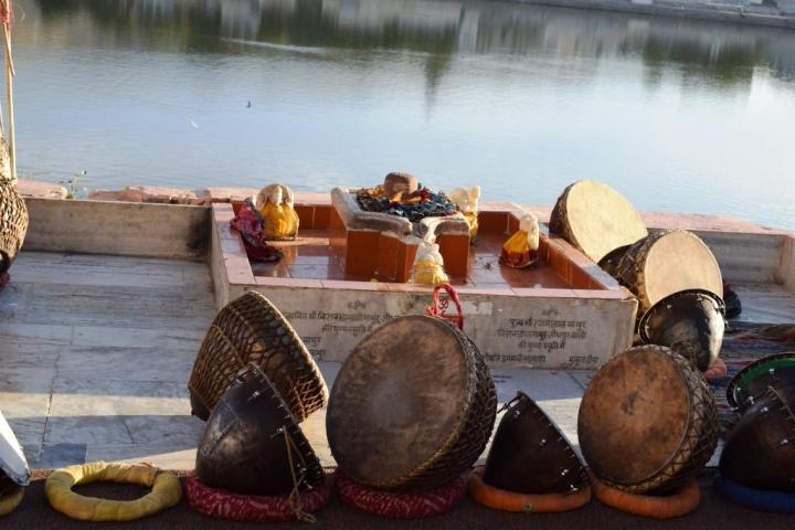 Ancient drums or nagadas at ghat, Pushkar, Rajasthan, India