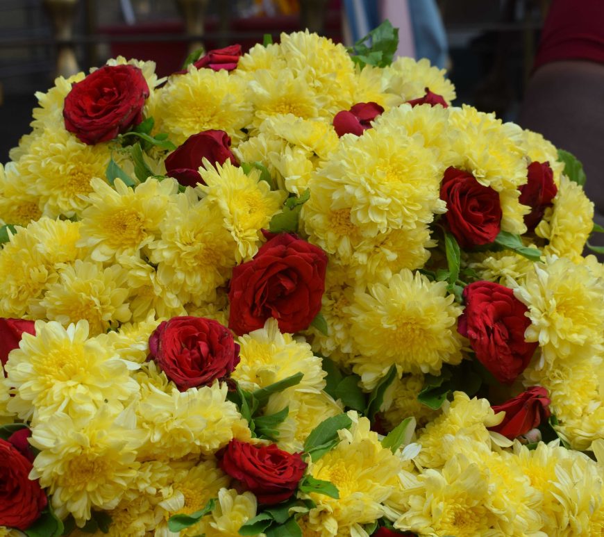 Yellow flowe rgarland for the goddess, Tirumala, Andhra Pradesh, India