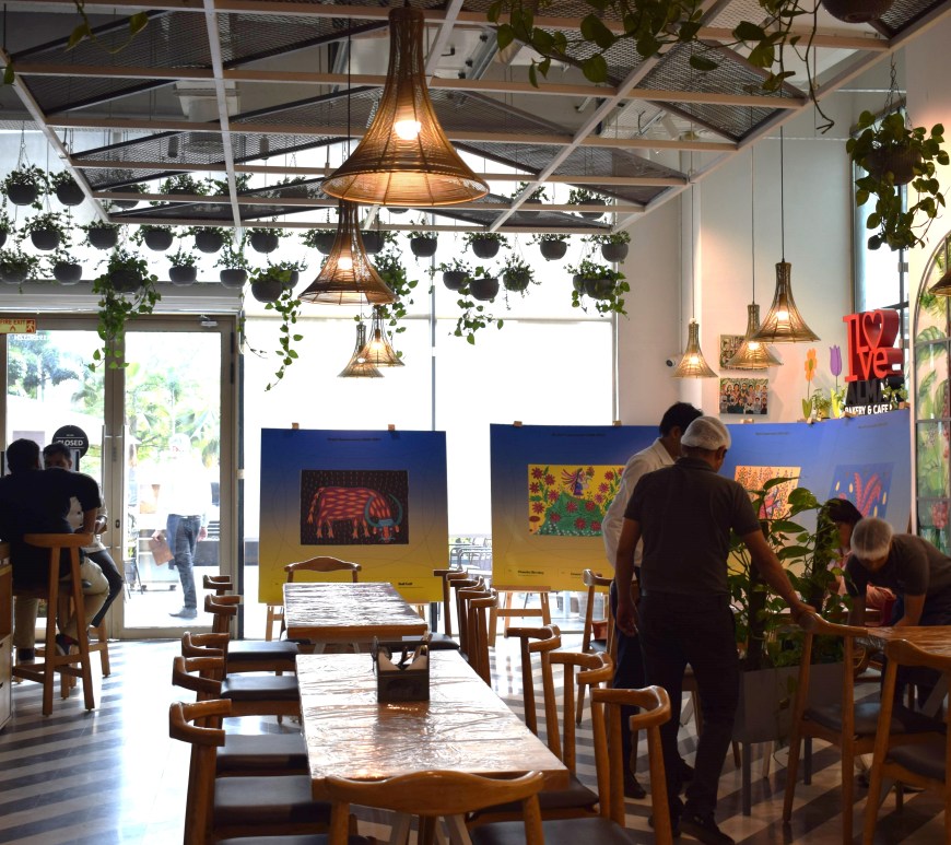 Weekend of culture at Alma Bakery & Cafe, Noida, Uttar Pradesh, India, paintings by Ukrainian artist Maria Prymachenko (1908-1997)