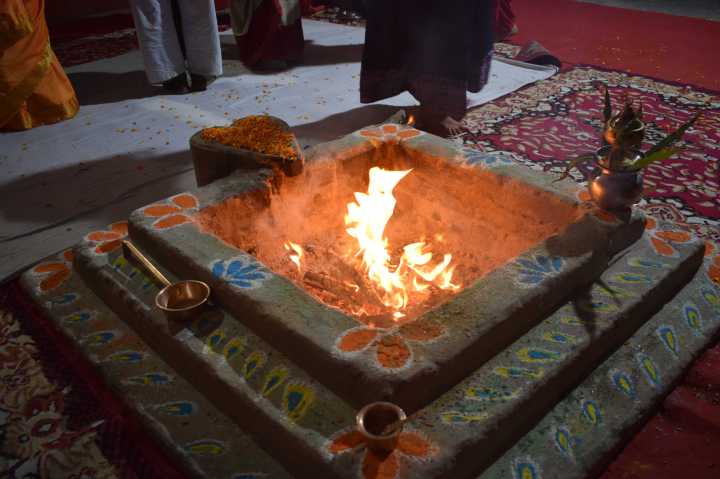 Flames of the havan at Assi Ghat, Varanasi, Uttar Pradesh, India