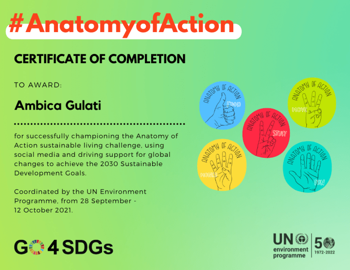 Certificate for completing Anatomy of Action challenge 2021 by UN 
