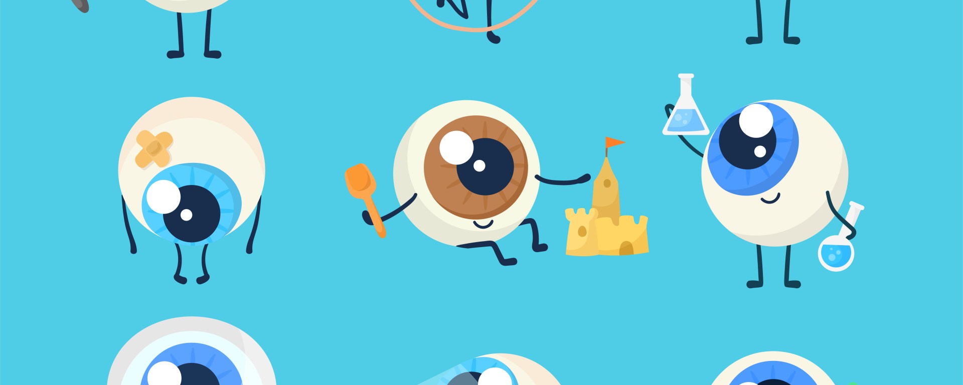 Cute eyeball character cartoon illustration set. Sad and sick eye or human organ holding carrot, blueberry and fast food, looking at laptop screen, wearing eyeglasses, exercising. Image by pch.vector on Freepik