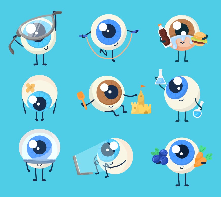 Cute eyeball character cartoon illustration set. Sad and sick eye or human organ holding carrot, blueberry and fast food, looking at laptop screen, wearing eyeglasses, exercising. Image by pch.vector on Freepik