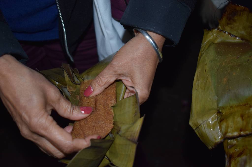 Local dish made in leaf, Lakadong local market, Meghalaya, India