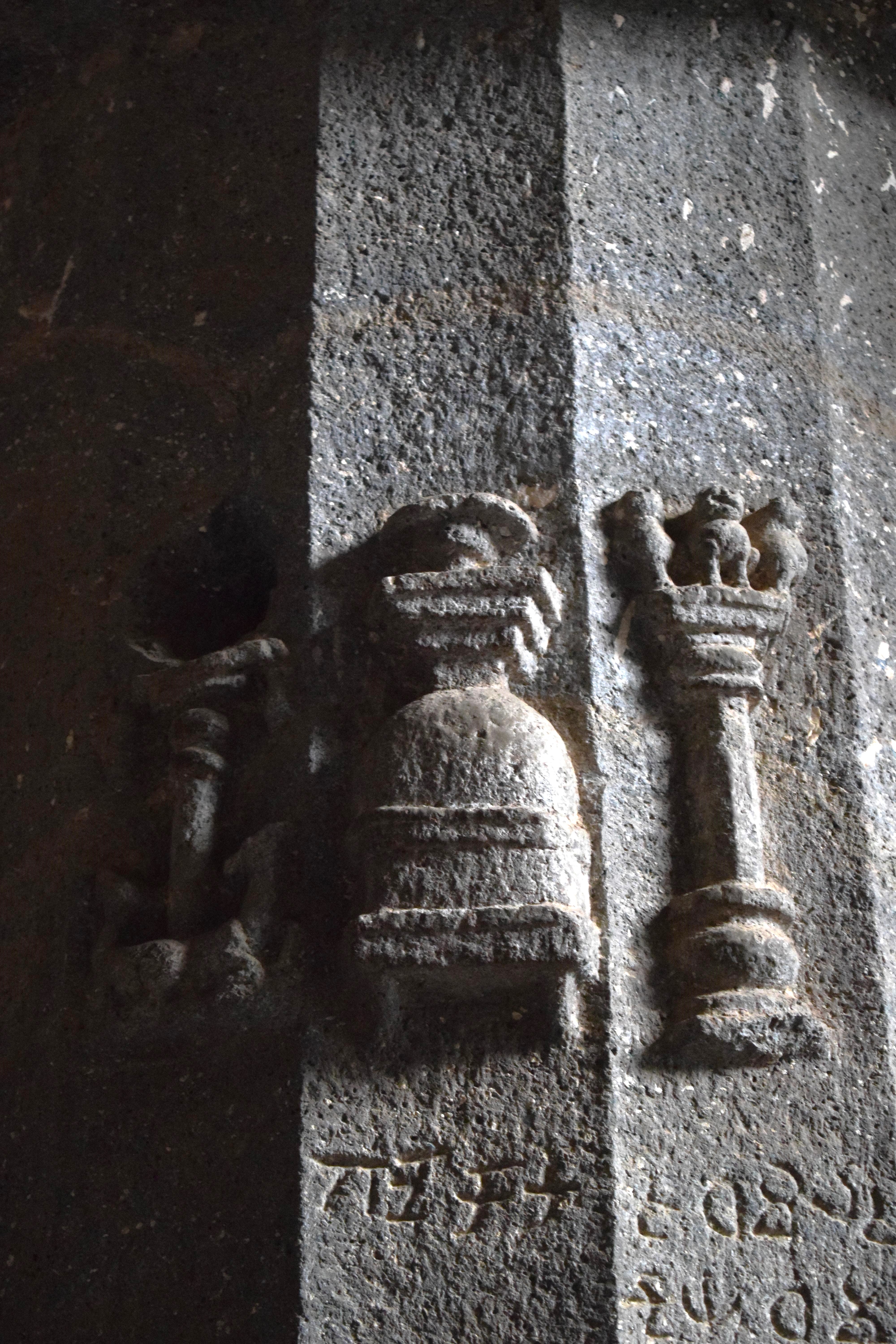 Sculpted pillars inside Chaitya Griha, Karla Caves, Lonavla, Pune, Maharashtra, India