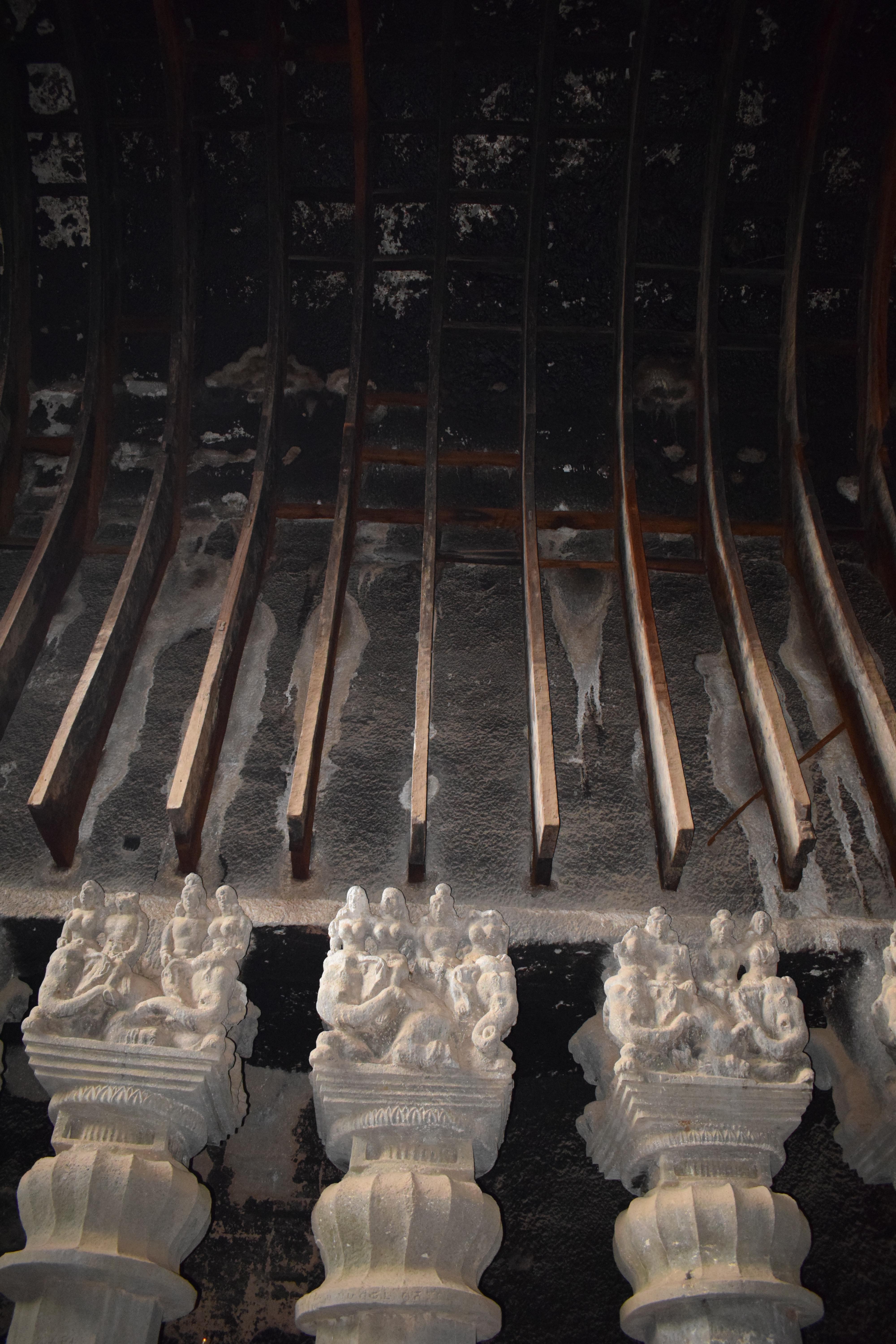 Sculpted pillars inside Chaitya Griha, Karla Caves, Lonavla, Pune, Maharashtra, India