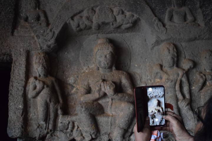 Sculpture on wall of vihara, Karla Caves, Lonavla, Pune, Maharashtra, India