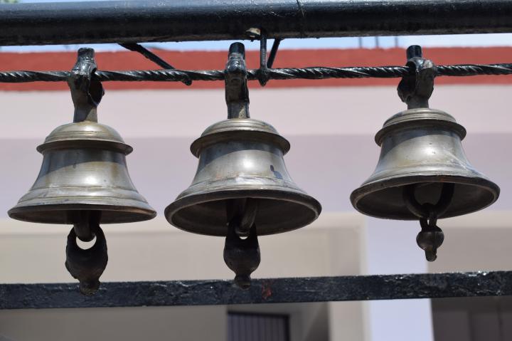 Bells on entrance of Shiva temple, Kanatal, Uttarakhand, India