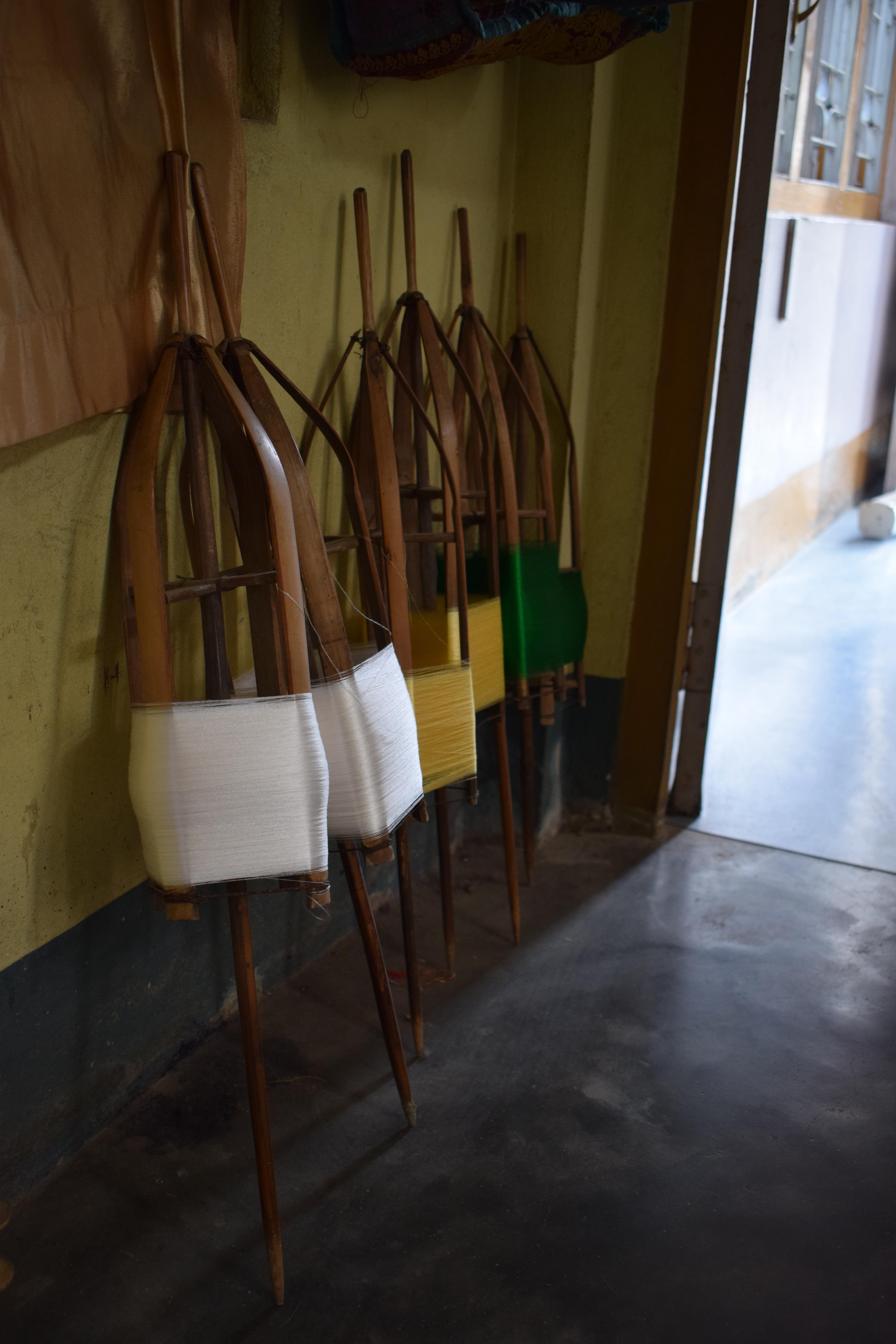 Silk threads at Hari Lal Kalita's shop, Kalitapara, Sualkuchi, Assam, India