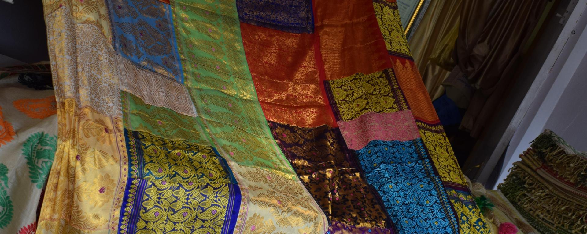 Silk cover at Hari Lal Kalita's shop, Kalitapara, Sualkuchi, Assam, India