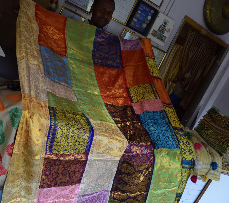 Silk cover at Hari Lal Kalita's shop, Kalitapara, Sualkuchi, Assam, India