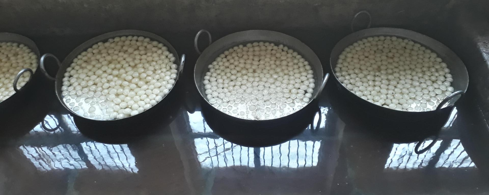 Rasgullas in the making at Chotu Motu Joshi, Bikaner, Rajasthan, India