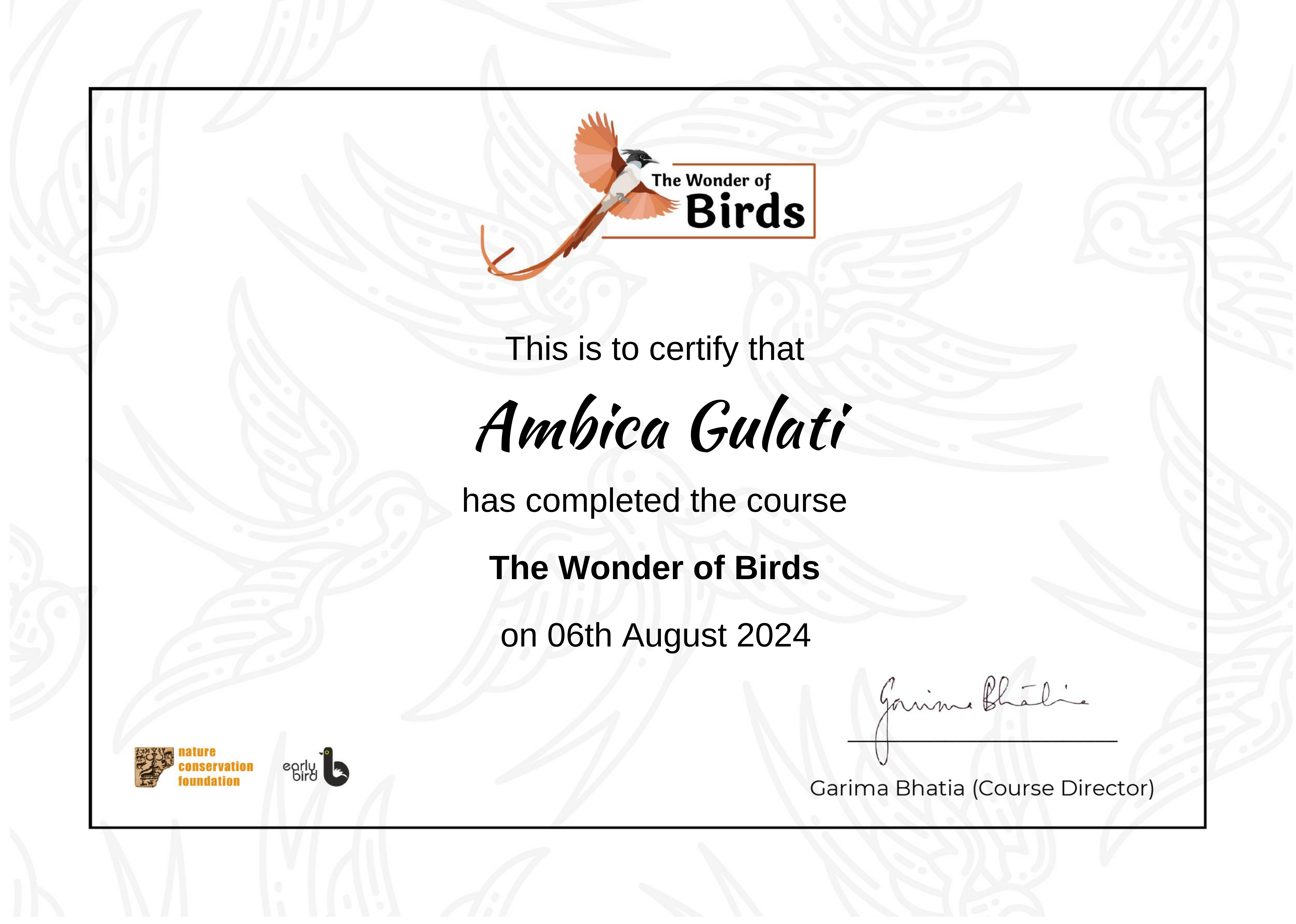 The Wonder of Birds by EBird Certificate