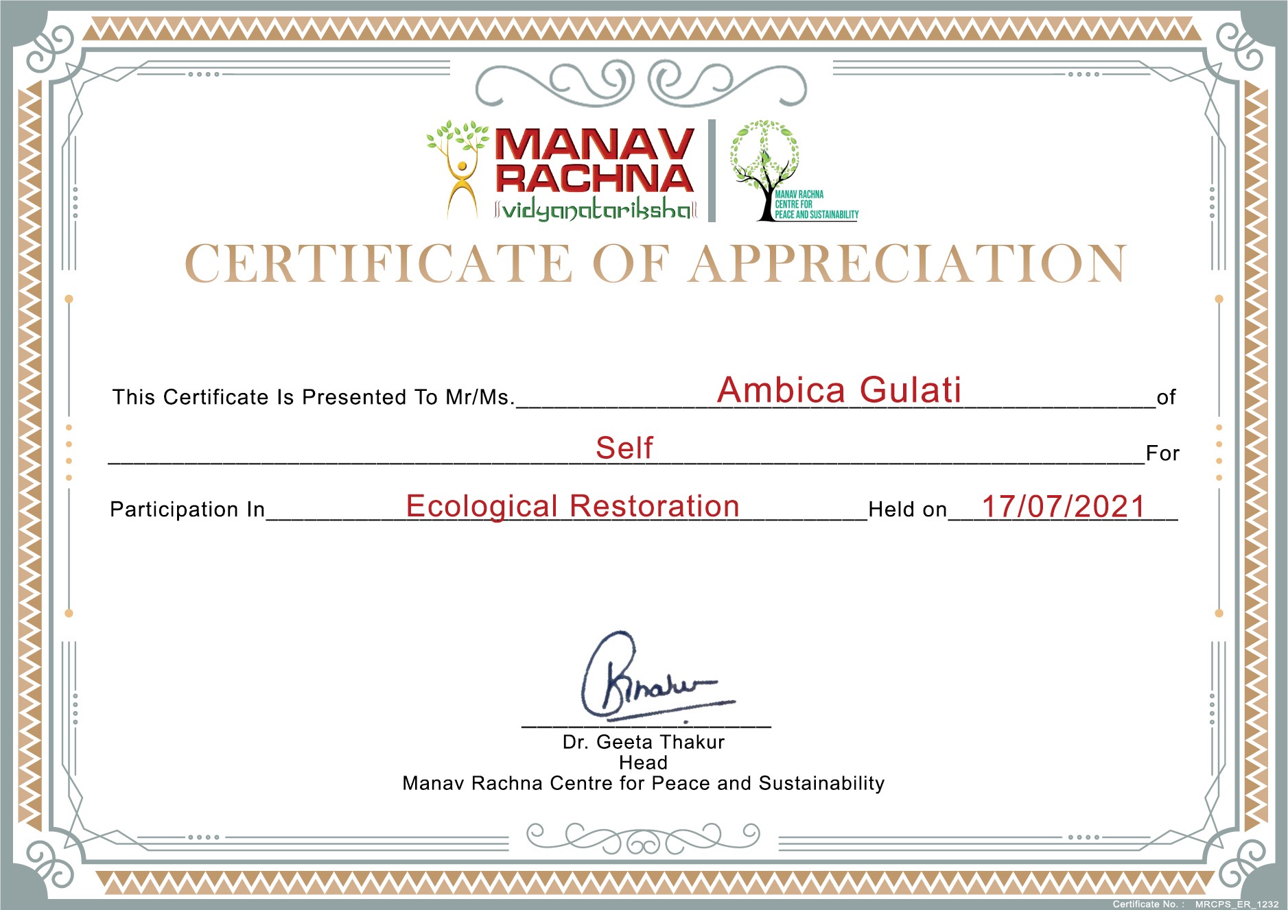 Certificate of participation for ecological restoration, manav rachna international university, faridabad