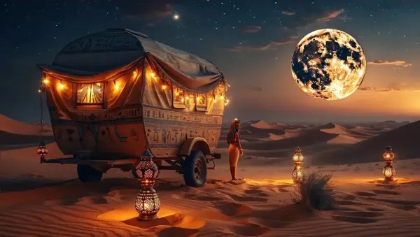 The Egyptian Goddess and a moonlit sandy desert meets the girl in the caravan