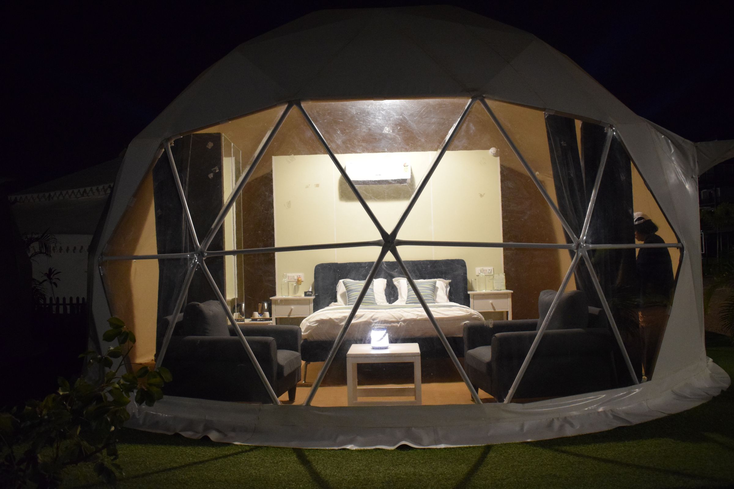 Pods at Tent city, Maharashtra Tourism Eco Glamping Festival, Gangapur Dam backwaters, Nashik, India