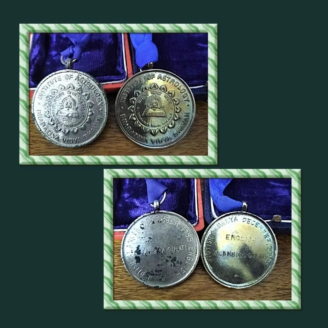 Silver Medals in the two-year astrology course from Bharatiya Vidya Bhawan, New Delhi
