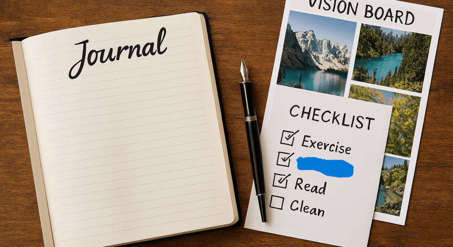 using an ink pen to write in a journal next to a productivity checklist and 2026 vision board for mental clarity.
