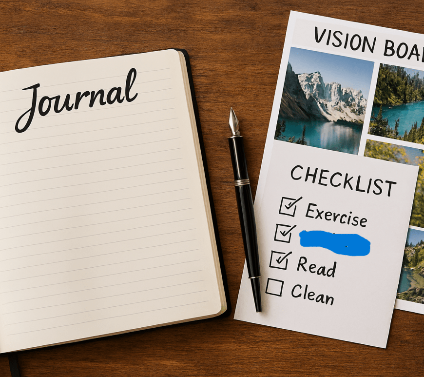 using an ink pen to write in a journal next to a productivity checklist and 2026 vision board for mental clarity.