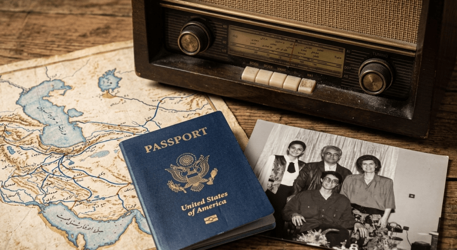Vintage radio, ancient Iran map, and American passport on a wooden desk—representing the 1979 Iranian Revolution and the memoir of Dr. Nizam Missaghi. Generated by Gemini