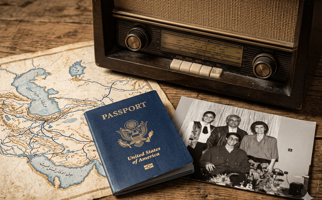 Vintage radio, ancient Iran map, and American passport on a wooden desk—representing the 1979 Iranian Revolution and the memoir of Dr. Nizam Missaghi. Generated by Gemini