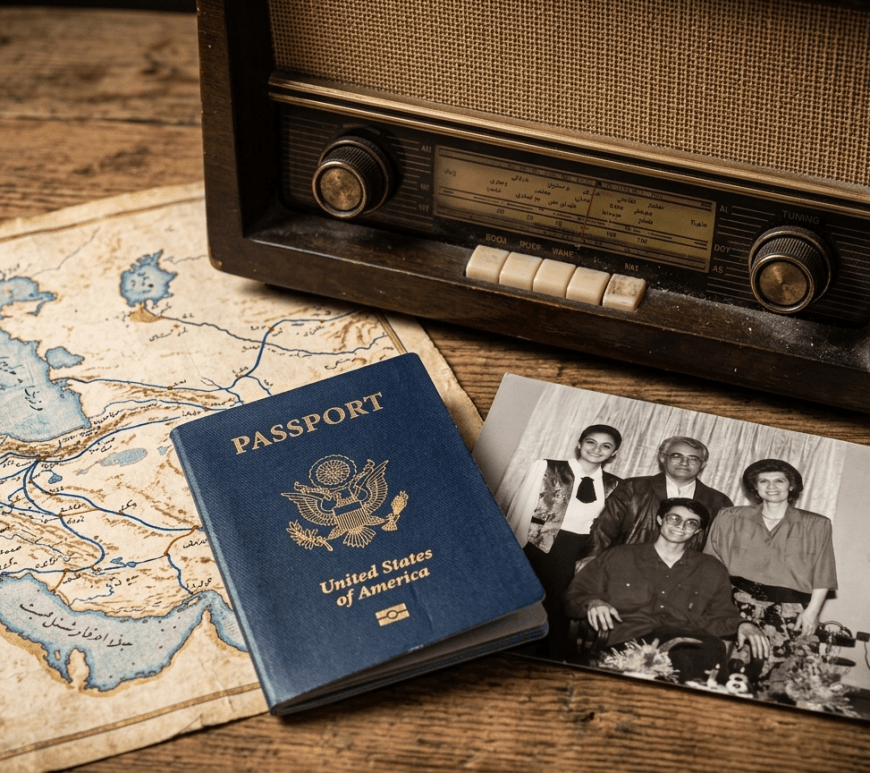 Vintage radio, ancient Iran map, and American passport on a wooden desk—representing the 1979 Iranian Revolution and the memoir of Dr. Nizam Missaghi. Generated by Gemini