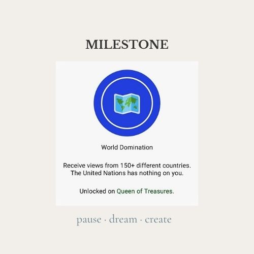 GLOBAL VIEWS MILESTONE WORLD DOMINATION BADGE FROM WORDPRESS FOR QUEENOFTREASURES