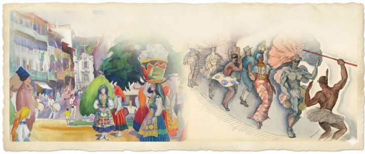Street festival in Portugal and Brazil parade, painted by Robert Lee Eskridge