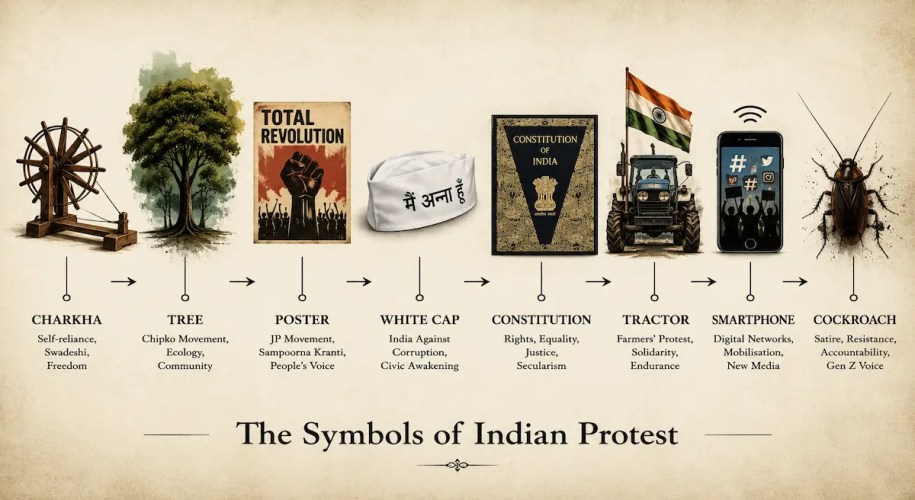 Symbols from 100 years of protests in India, Generated by ChatGPT