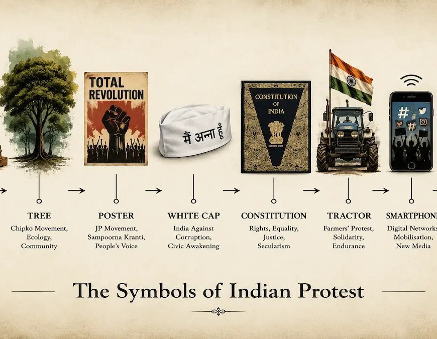 Symbols from 100 years of protests in India, Generated by ChatGPT